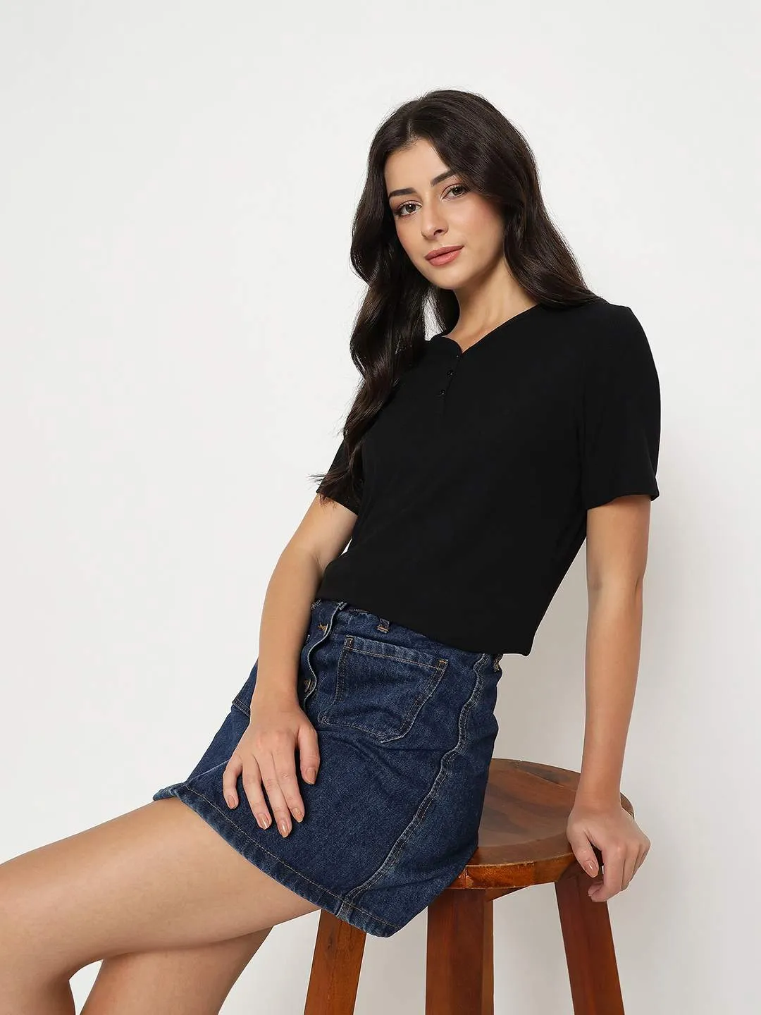 Soft and Light City Fashion Look Madame Henley Neck Solid Black T-Shirt