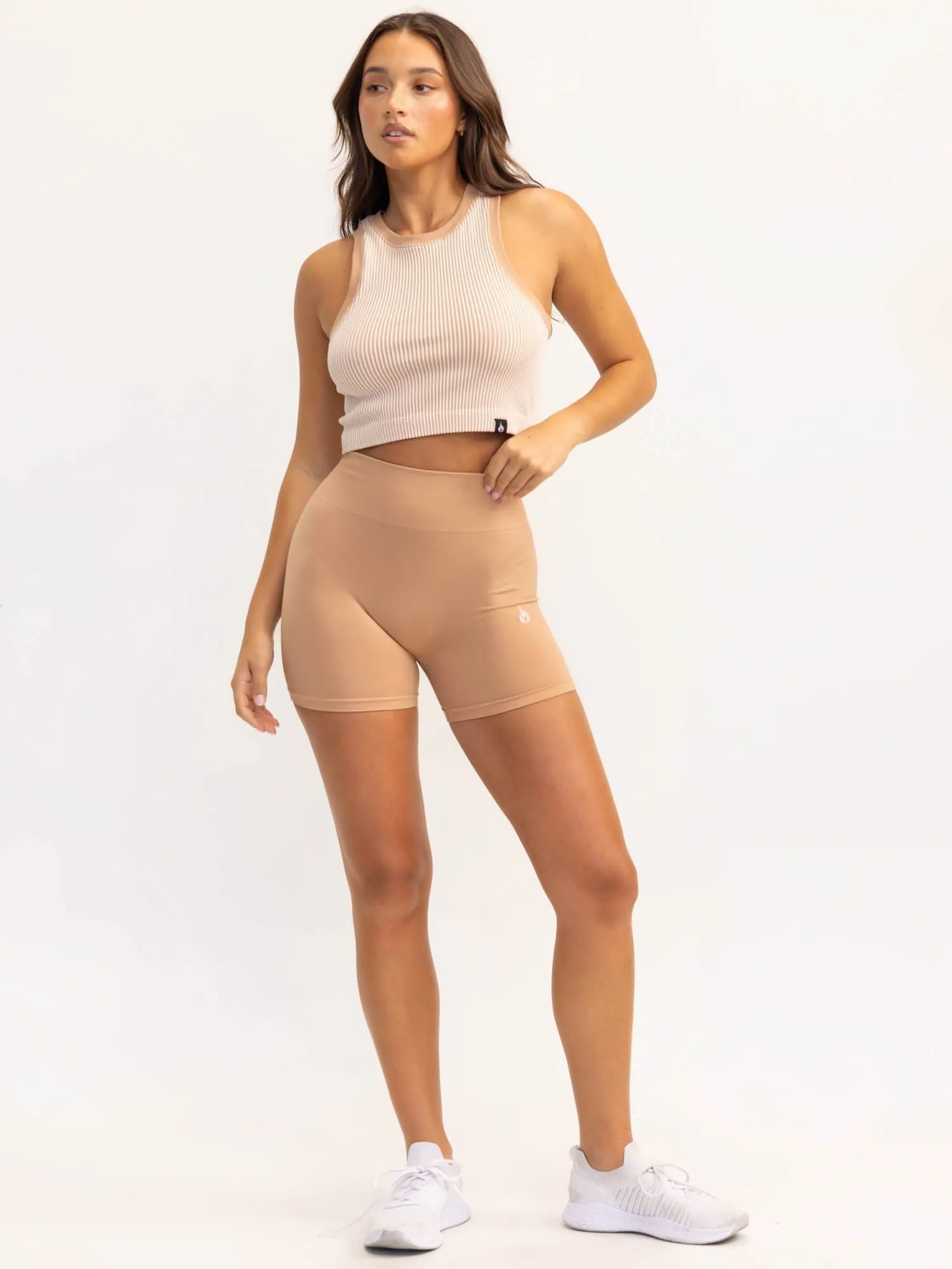 Hidden Zipper Pocket Lift 2.0 Rib Seamless Tank - Tan/White