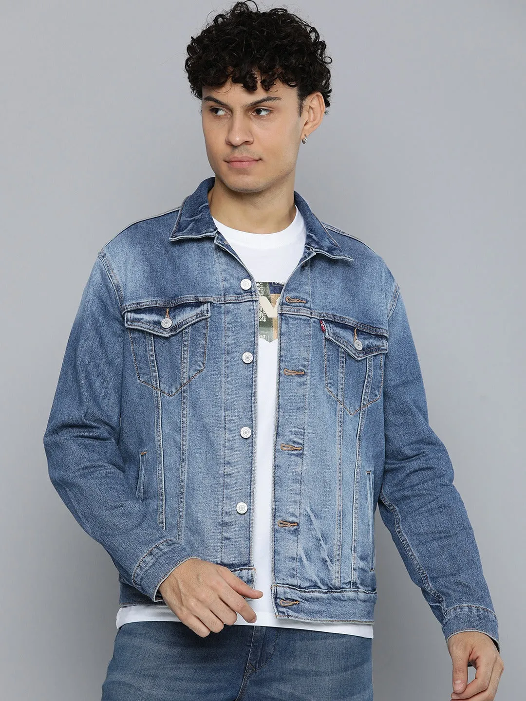 Men's Solid Blue Spread Collar Jacket Windproof Material