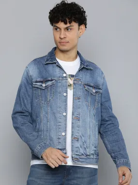 Men's Solid Blue Spread Collar Jacket Contrast Stitch Tailored Silhouette