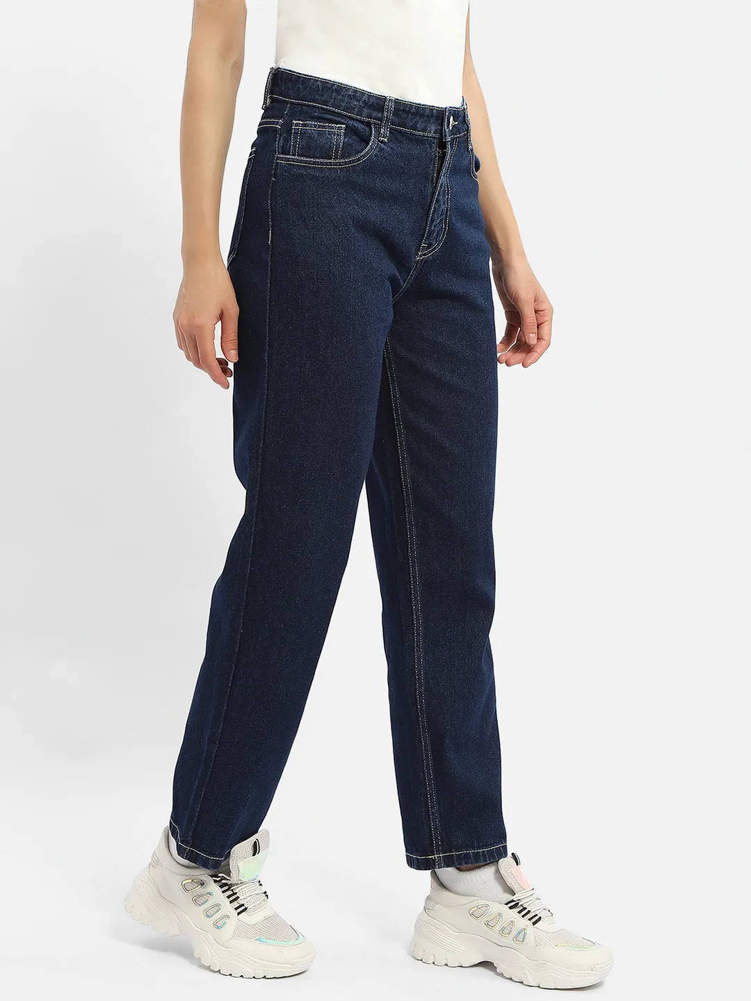 Madame Solid Blue Straight Jeans Travel Ease