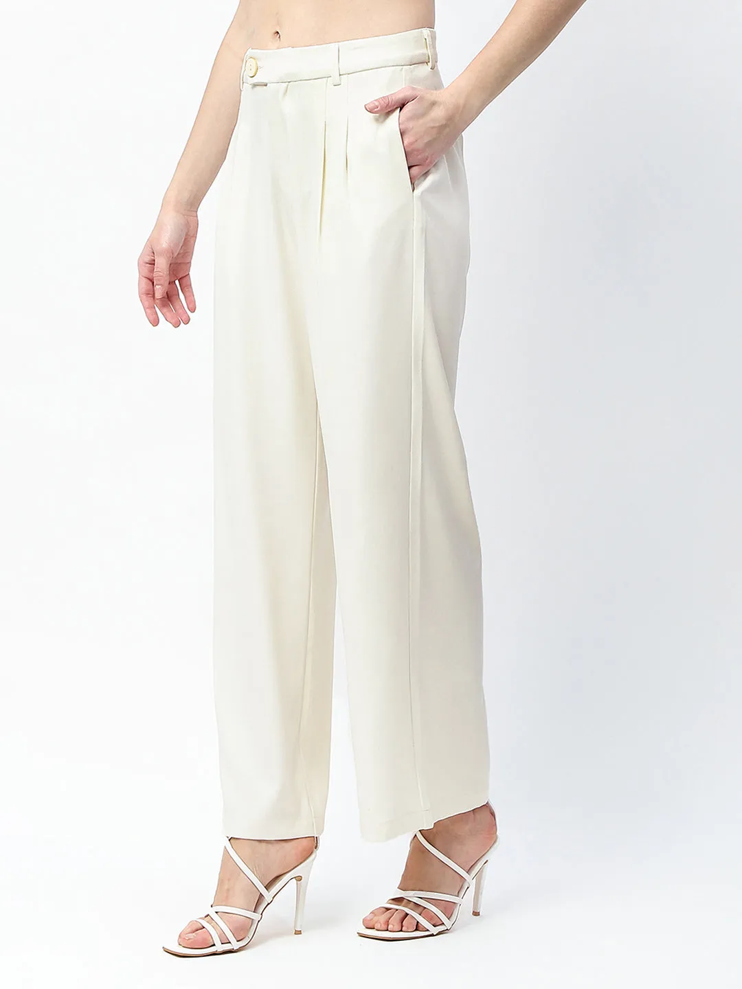 Madame Pleat Detailed Off White Gurkha Trousers Cozy Fit