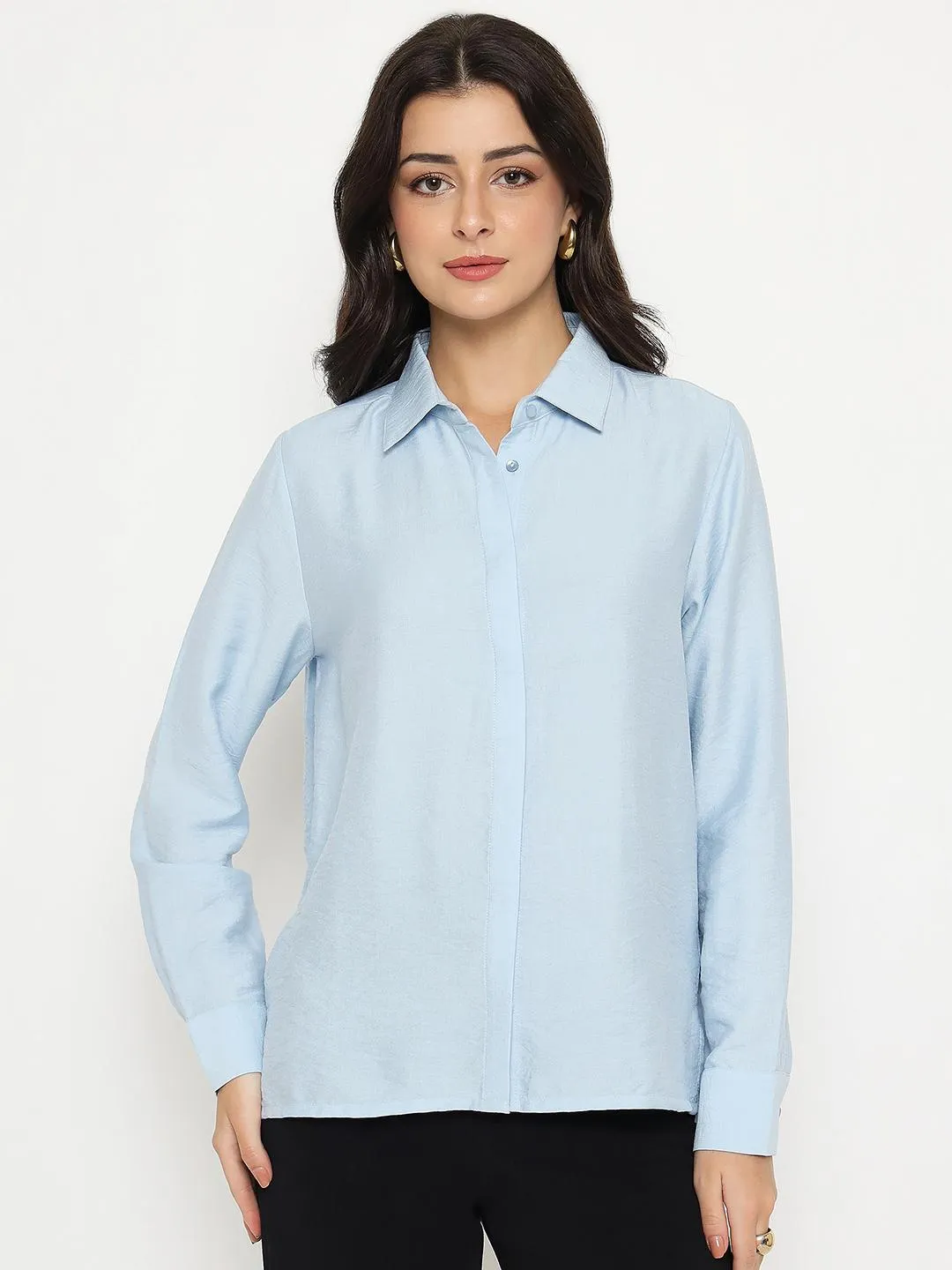 Chic Look Lightweight Fabric Madame Textured Solid Sky Blue Rayon Blend Shirt