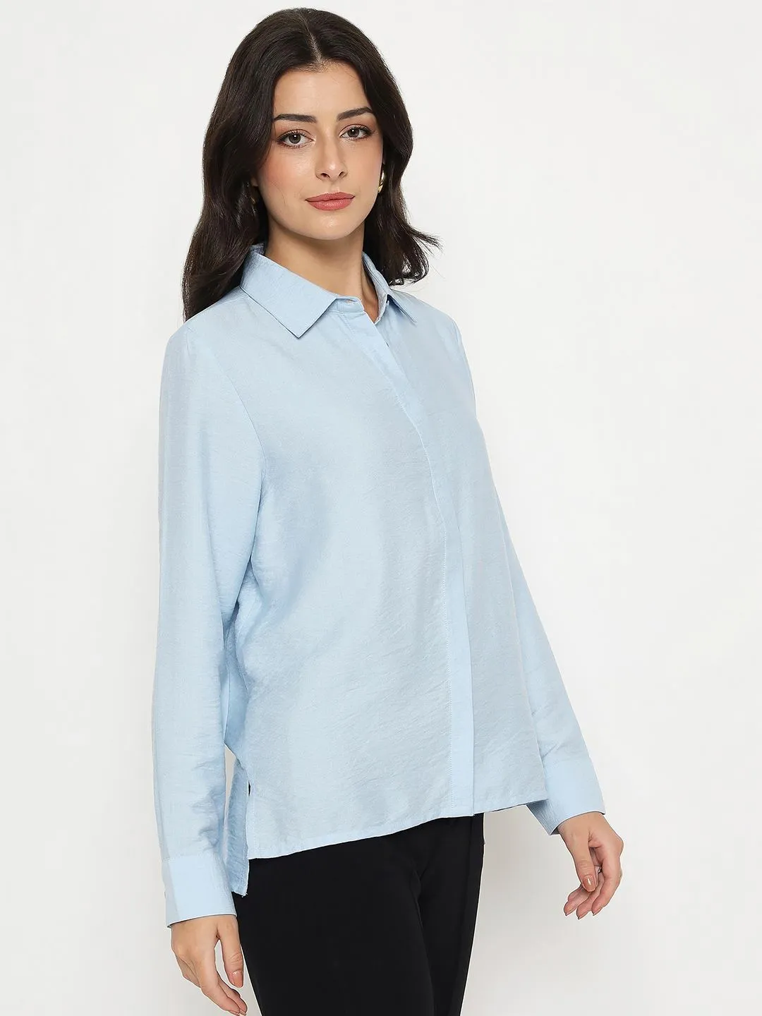 Madame Textured Solid Sky Blue Rayon Blend Shirt Stylish Detail Two Tone Stitching