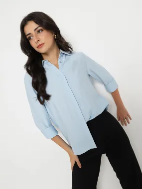 Madame Textured Solid Sky Blue Rayon Blend Shirt Checkered Look Round Collar