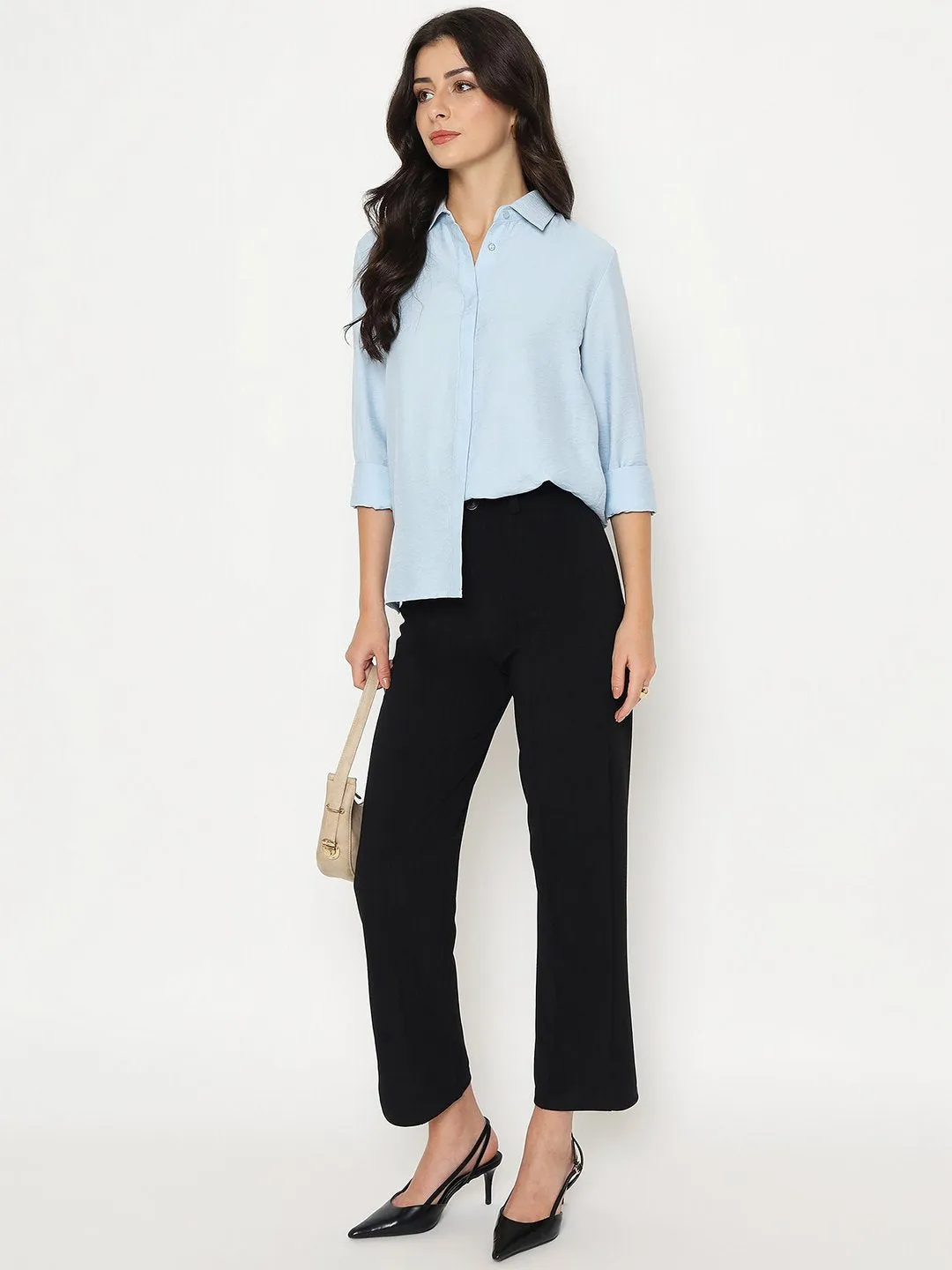 Stretch Fit Technology Madame Textured Solid Sky Blue Rayon Blend Shirt