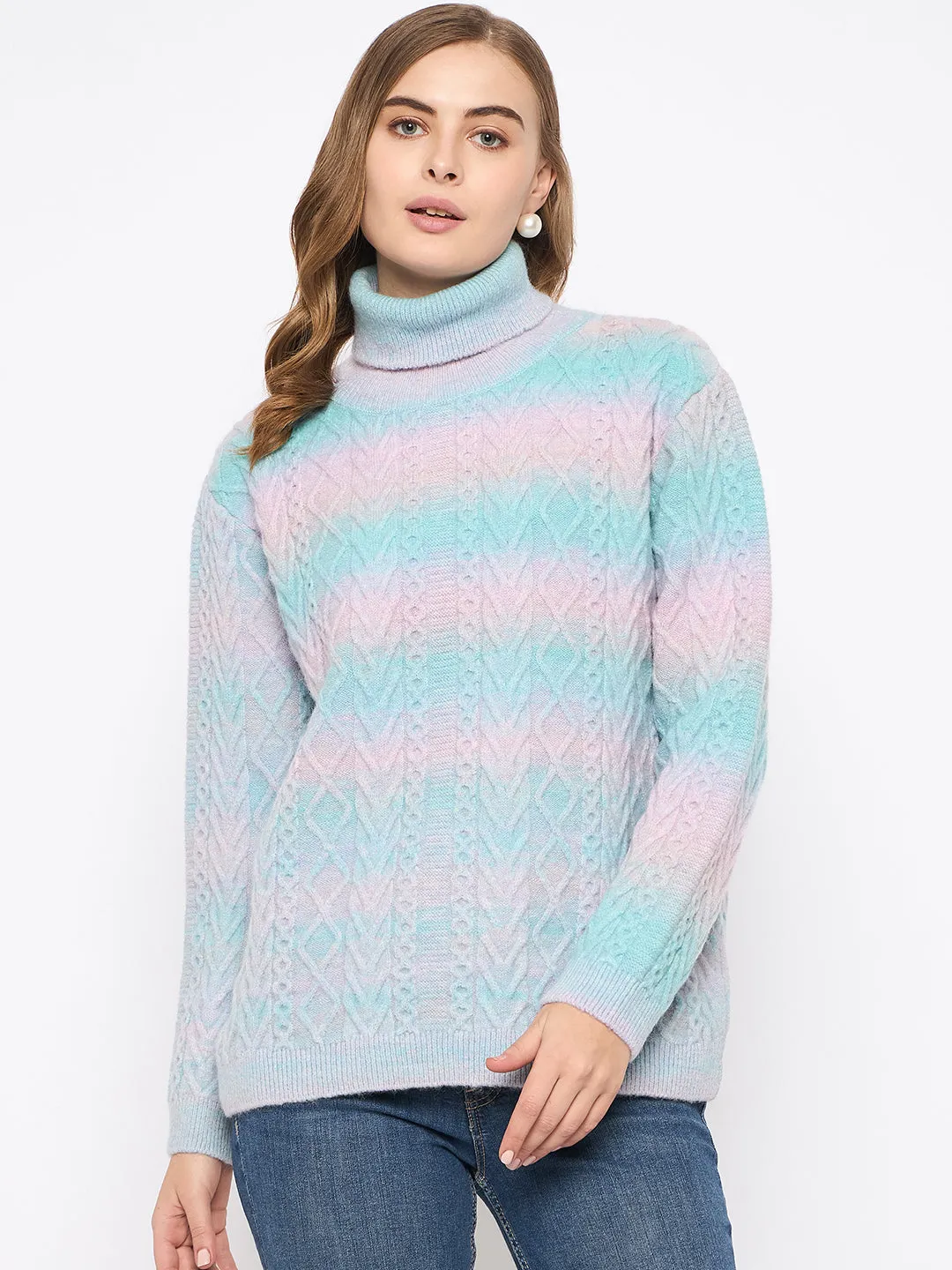 Odor Resistant Knitwear Snuggly Fit Madame Striped Multicolor Turtleneck Sweater