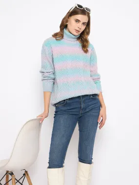 Breathable Open Weave Madame Striped Multicolor Turtleneck Sweater