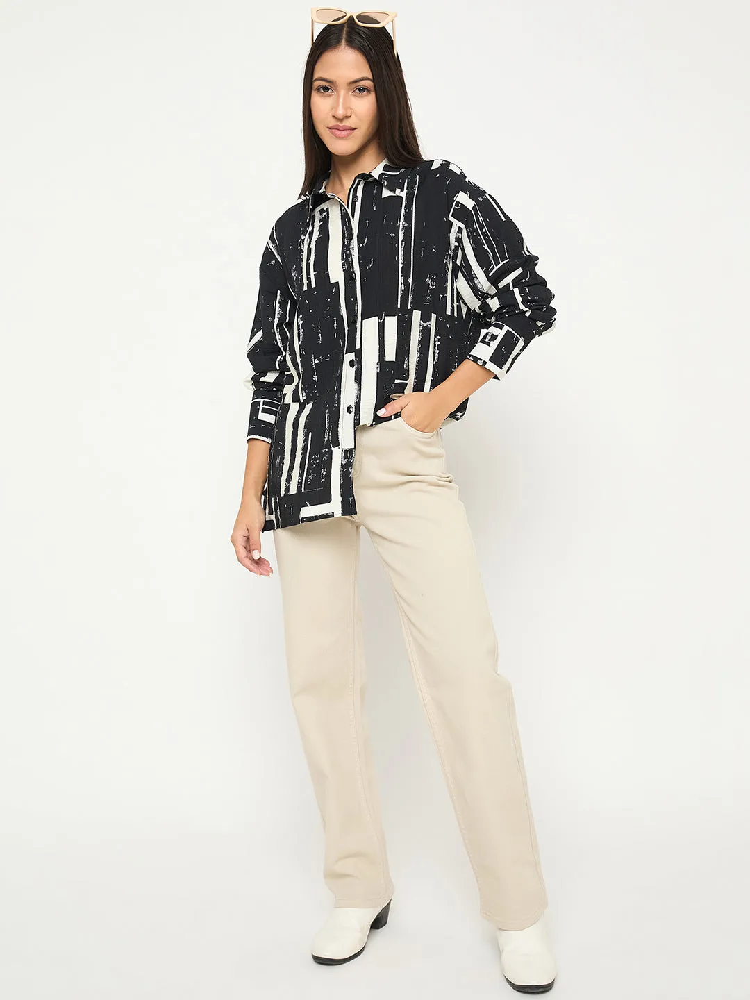 Madame All Over Print Black Cotton Blend Full Shirt Durable Button Closures