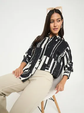 Madame All Over Print Black Cotton Blend Full Shirt Tagless Design