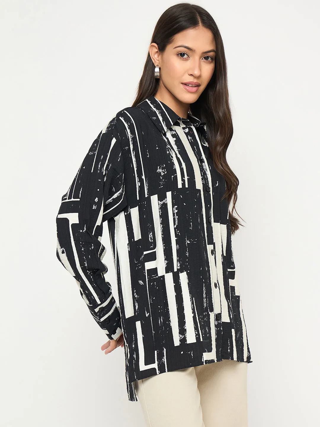 Madame All Over Print Black Cotton Blend Full Shirt Warm Weather Wear