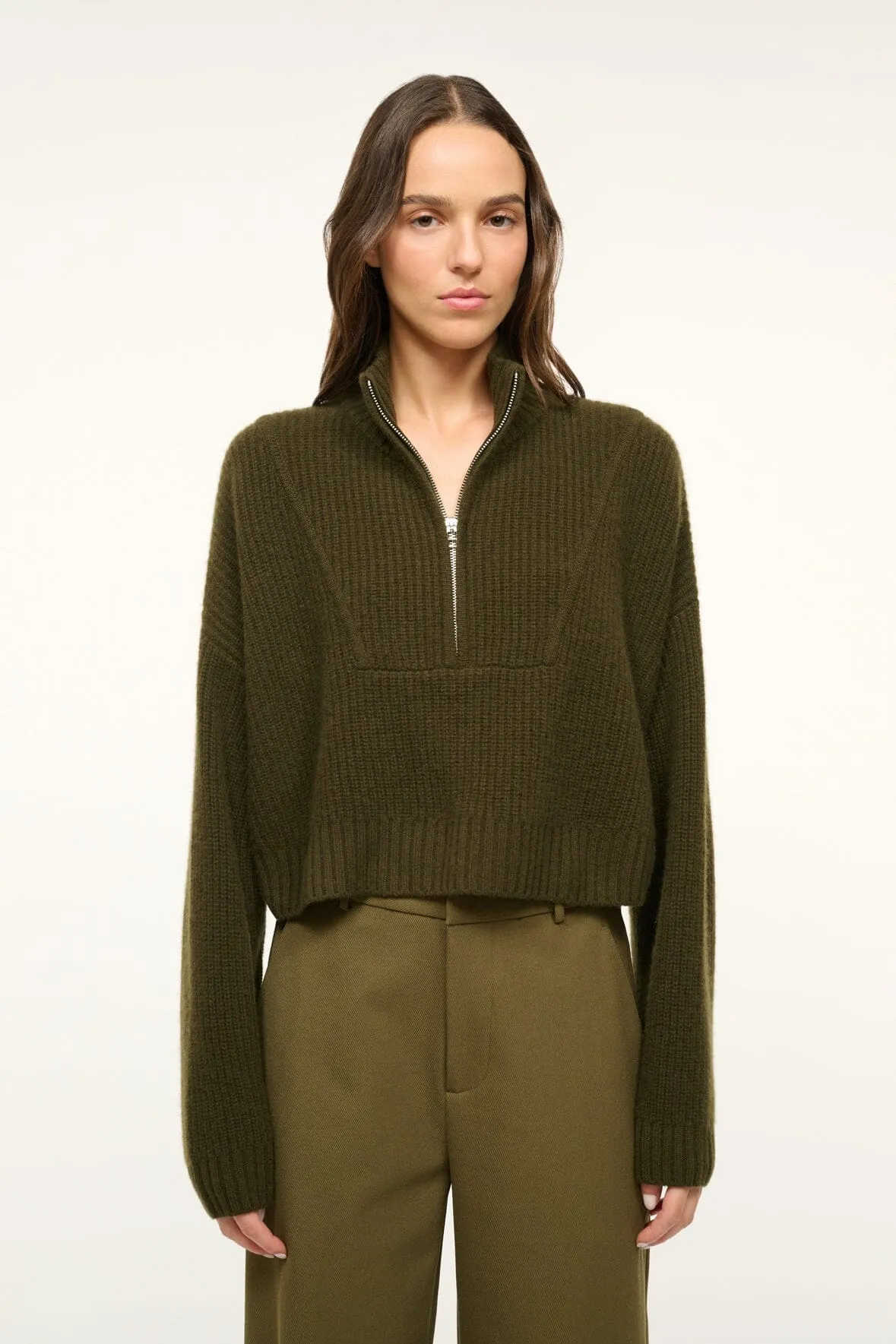 CASHMERE CROPPED HAMPTON SWEATER | OLIVE Soft Touch Texture Modern Knitwear