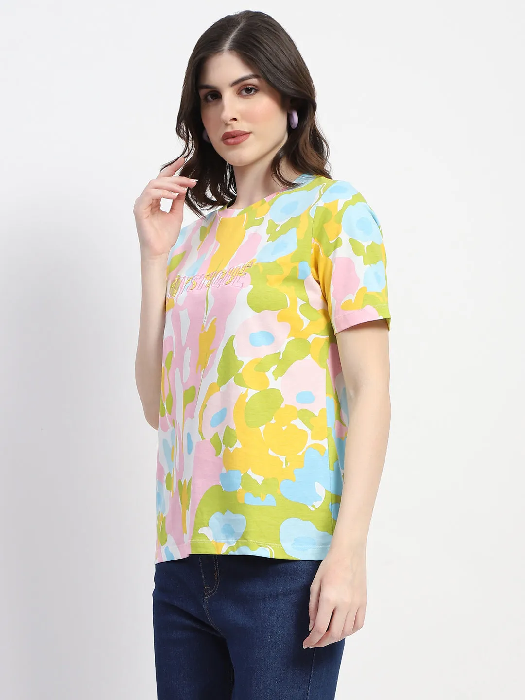 budget-friendly Madame Abstract And Typography Print White Cotton T-Shirt