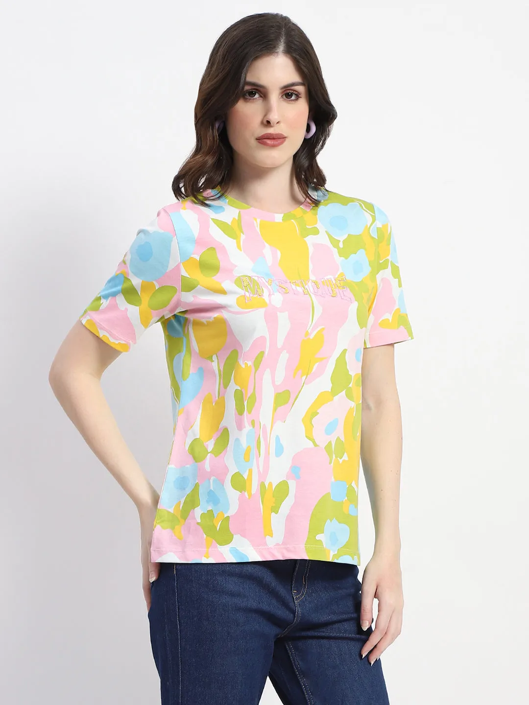 Madame Abstract And Typography Print White Cotton T-Shirt Trendy Vibe cotton material