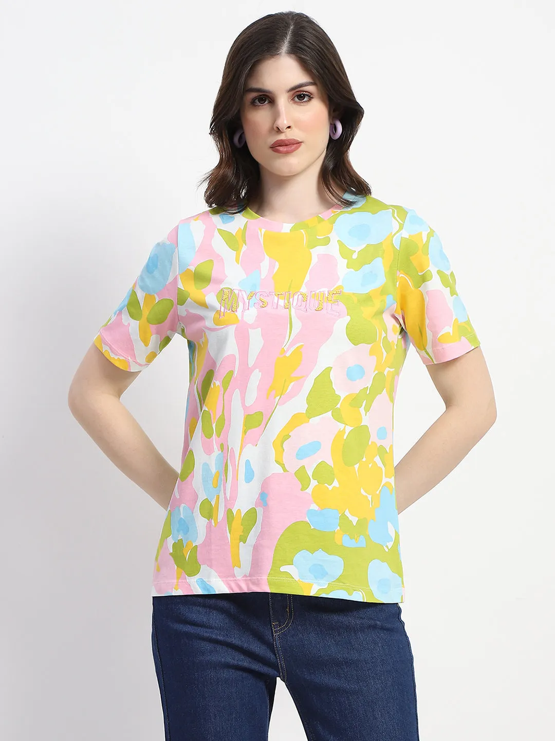 Tagless Neckline coordinate with other items Madame Abstract And Typography Print White Cotton T-Shirt