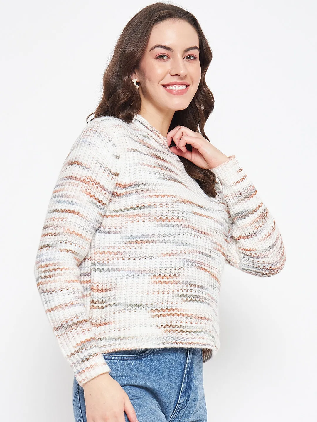 Cold-weather knit Madame Abstract Knit White Sweater For Women