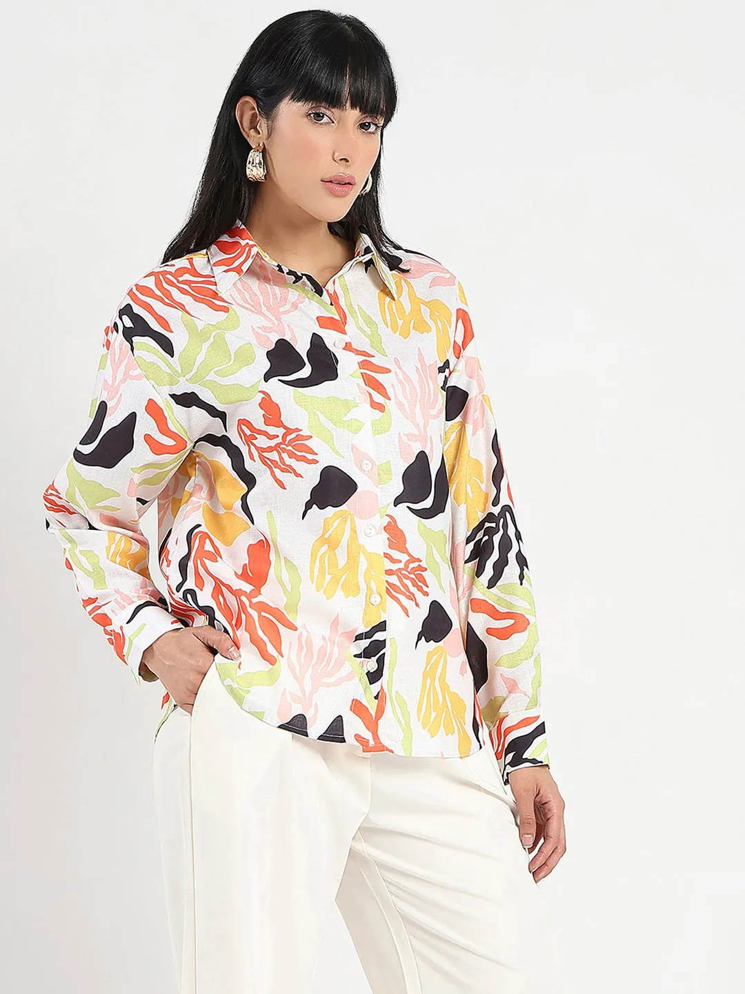 Madame Abstract Print Buttoned Off White Linen Shirt Petite Cut