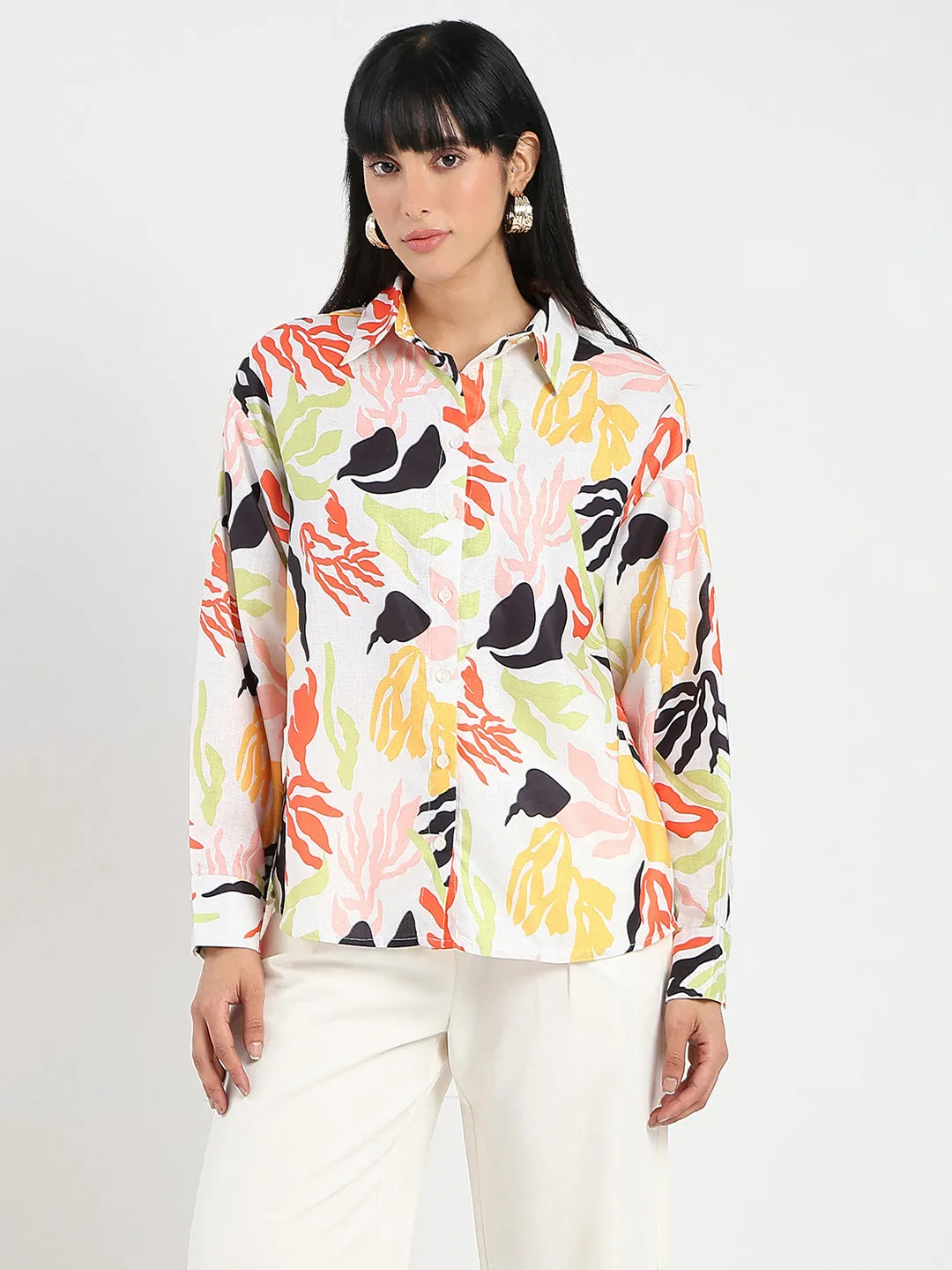 Coffee Run Street Wear Madame Abstract Print Buttoned Off White Linen Shirt