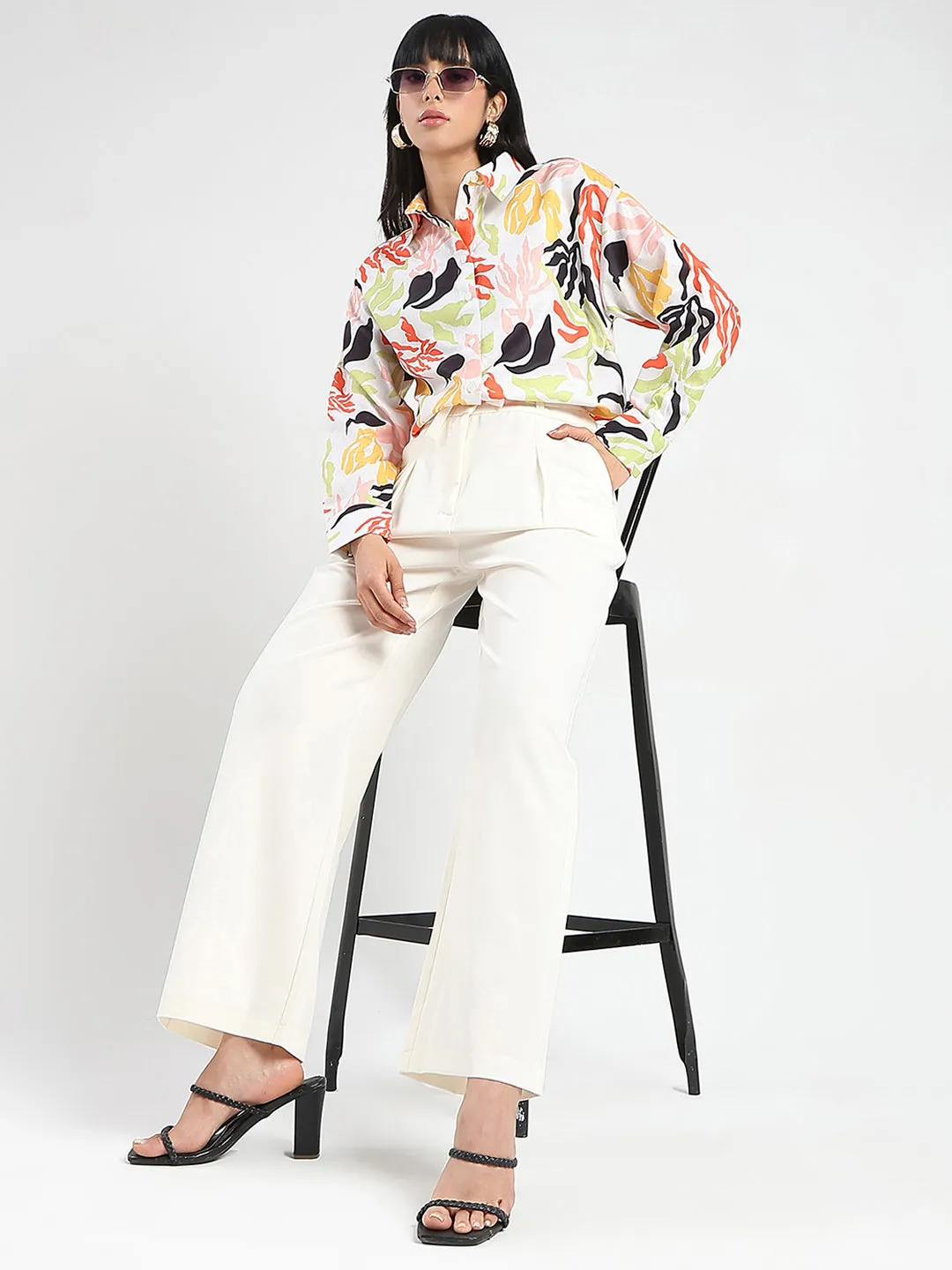 Madame Abstract Print Buttoned Off White Linen Shirt Sophisticated Look wrinkle free