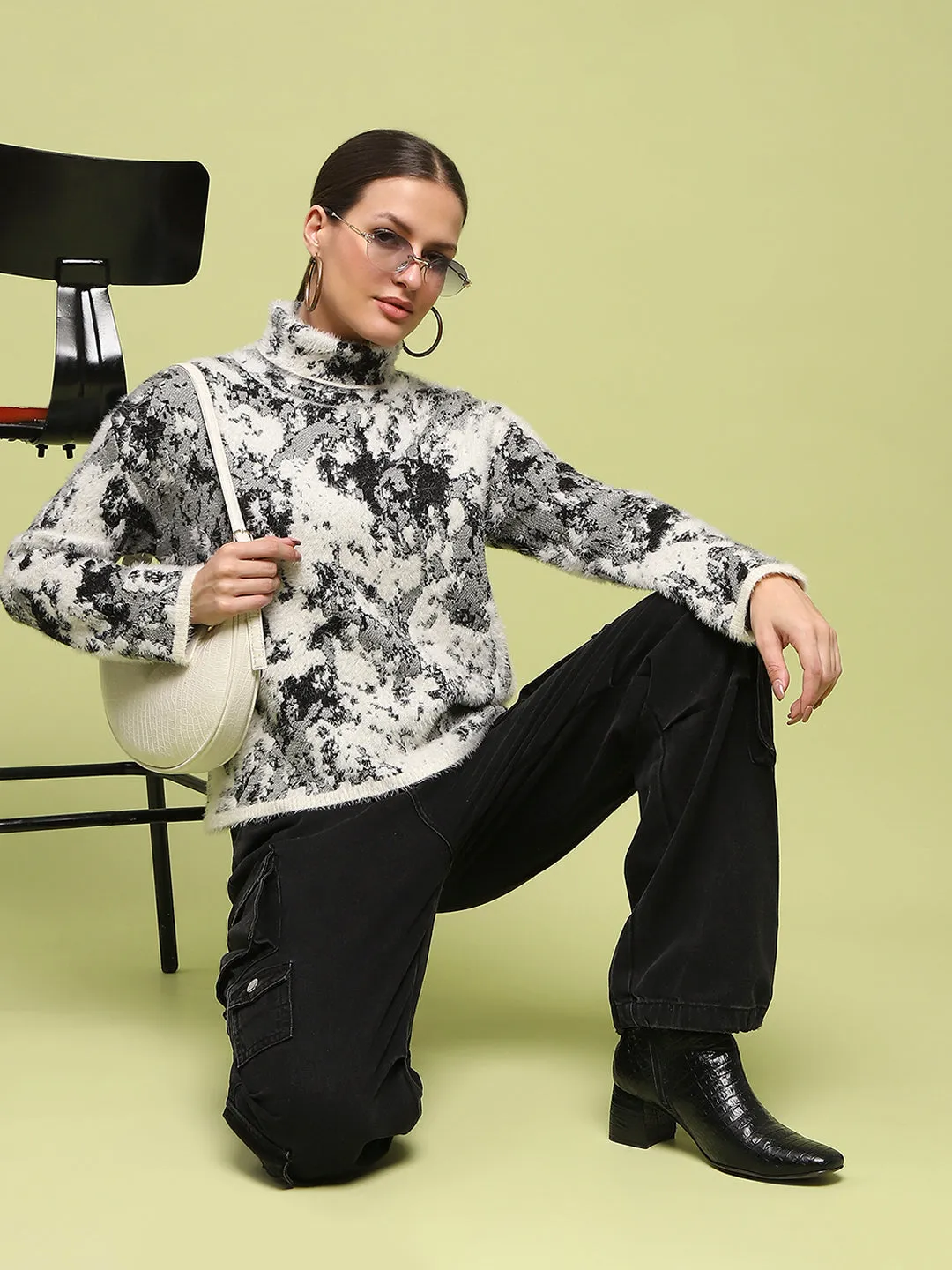 Winter-Ready Fashion Madame Abstract Print Mock Neck Off White Sweater