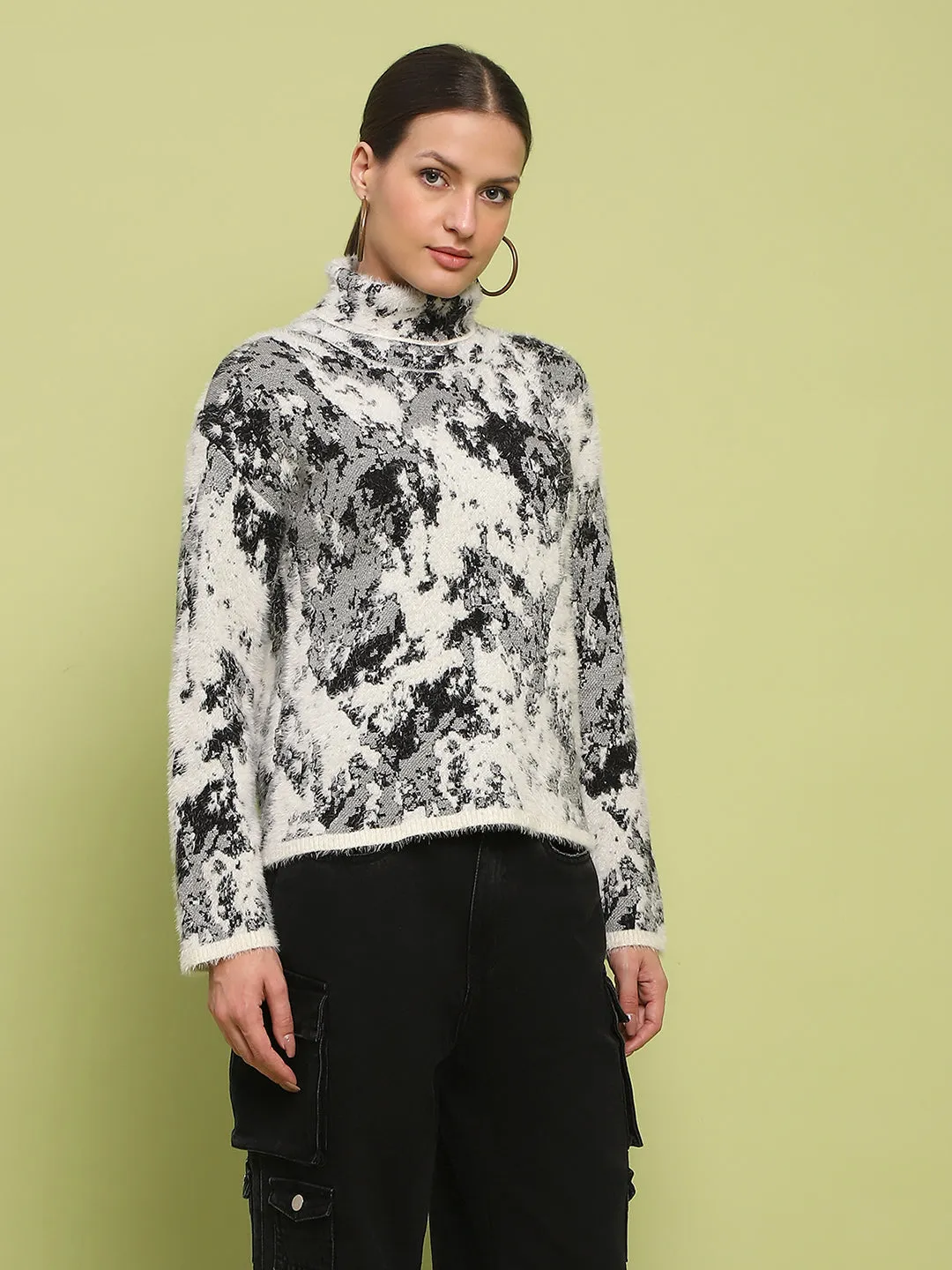 Madame Abstract Print Mock Neck Off White Sweater Textured Knit