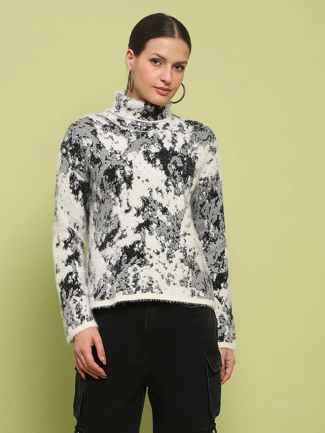 Outdoor Fit Madame Abstract Print Mock Neck Off White Sweater