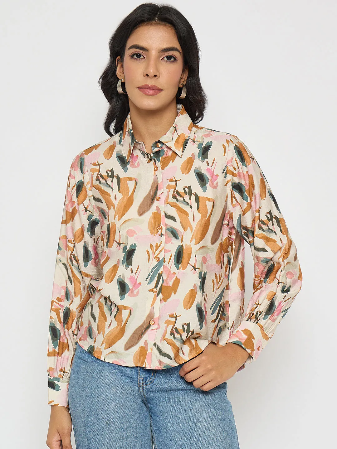 All-Weather Ready Weekend Wear Madame Abstract Print Rust Red Rayon Blend Shirt