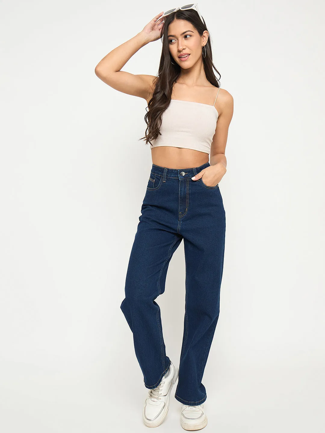 Madame Acid Wash Dark Blue Cotton Blend Straight Jeans Balanced Style Heavy Duty Zipper Mechanism