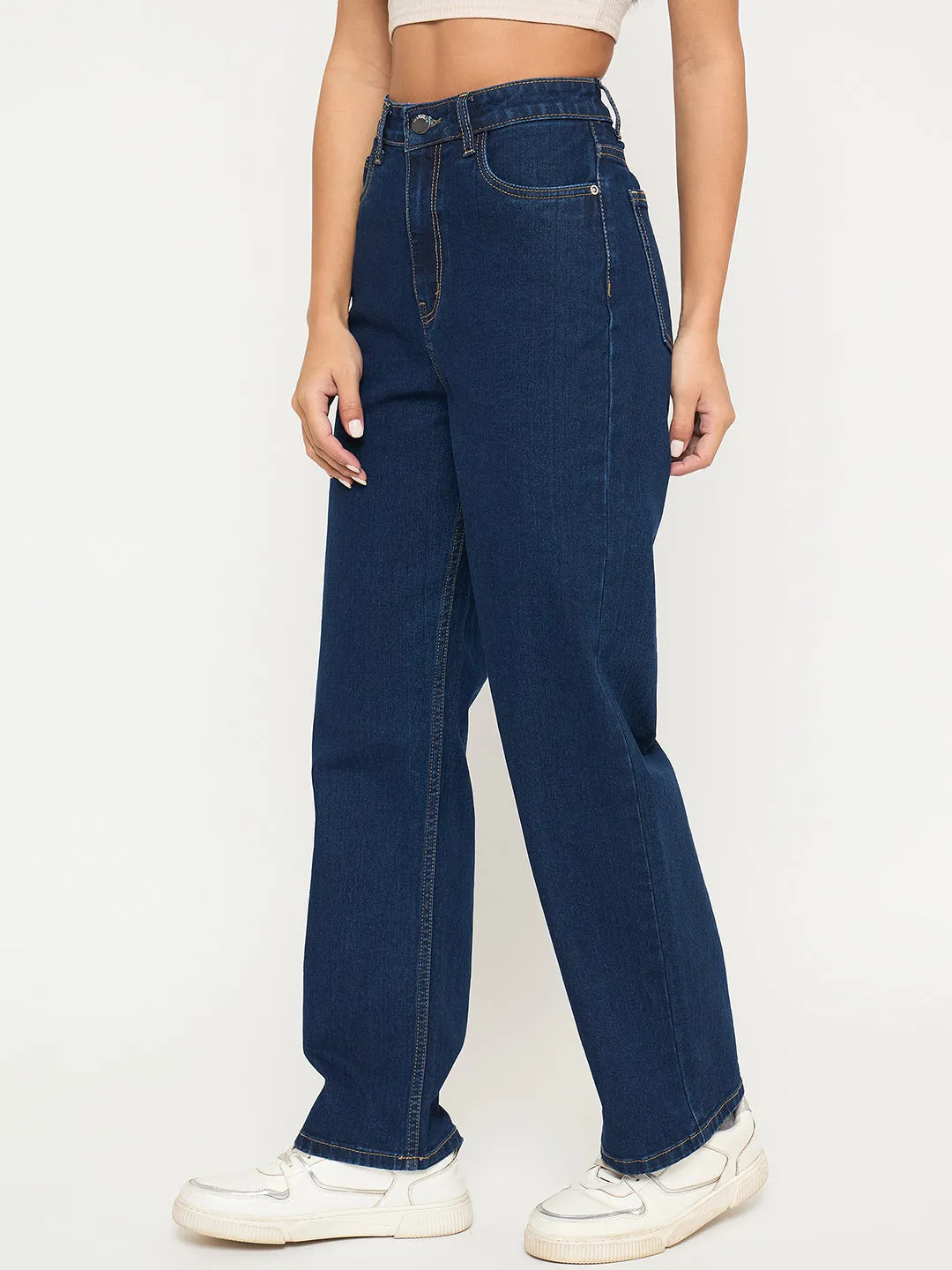 Madame Acid Wash Dark Blue Cotton Blend Straight Jeans Plain Favorite