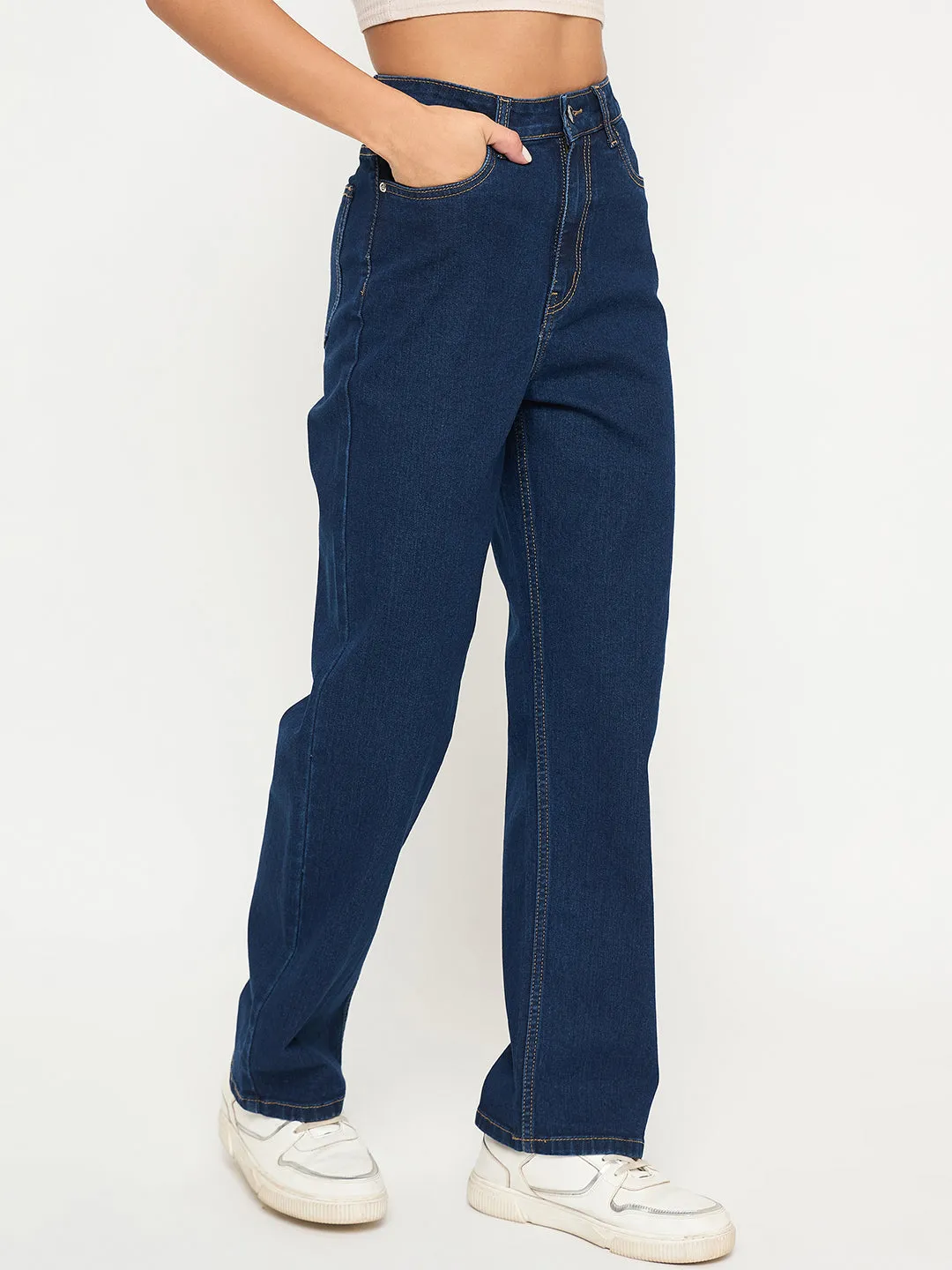 Comfy Option Smooth Shape Madame Acid Wash Dark Blue Cotton Blend Straight Jeans