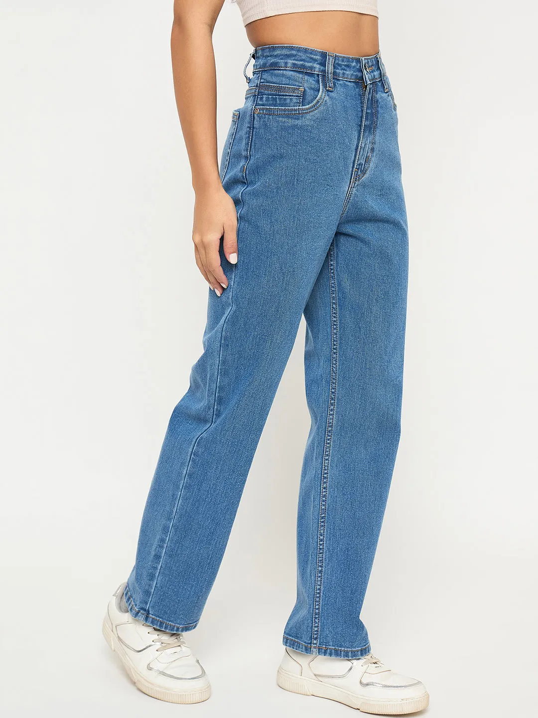 Neat And Easy Madame Acid Wash Mid Blue Cotton Blend Straight Jeans