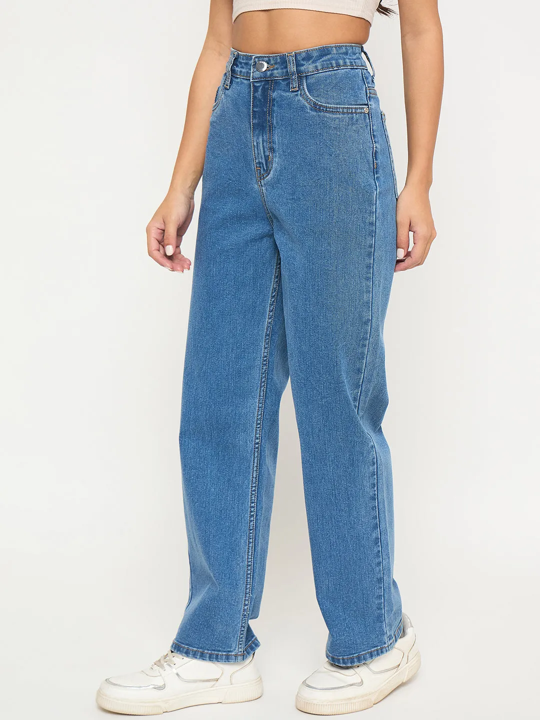 Madame Acid Wash Mid Blue Cotton Blend Straight Jeans Outdoor Adventure Stylish Comfort waistband