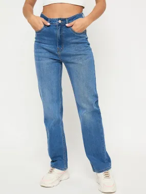Madame Acid Wash Mid Blue Straight Cotton Blend Jeans True Fit