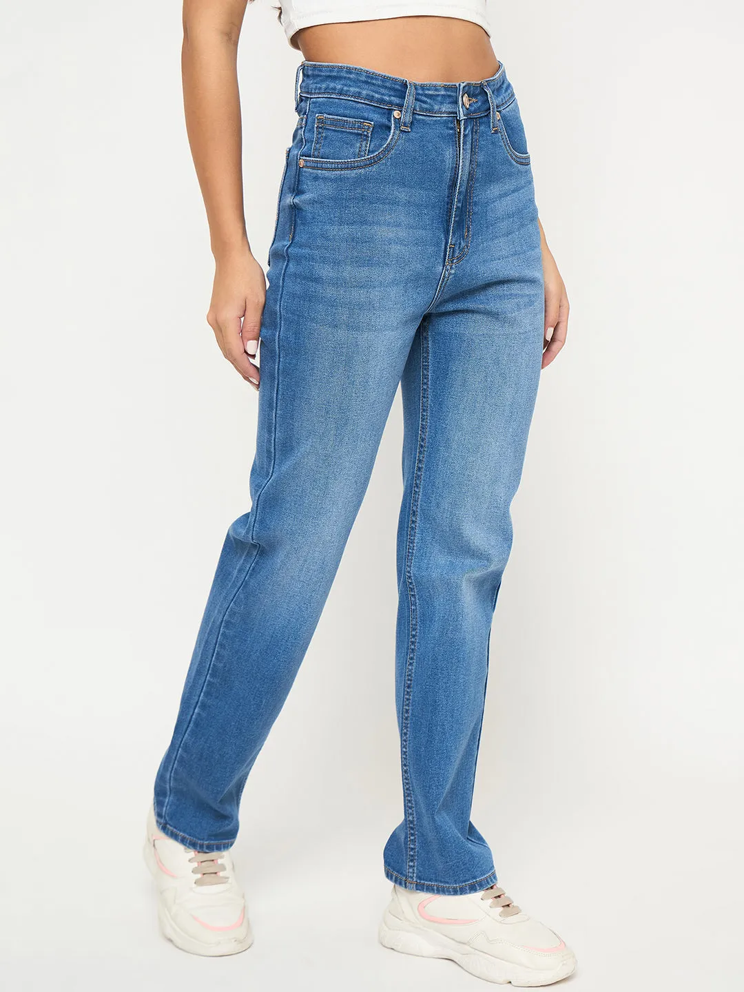 Madame Acid Wash Mid Blue Straight Cotton Blend Jeans Fall Outfit