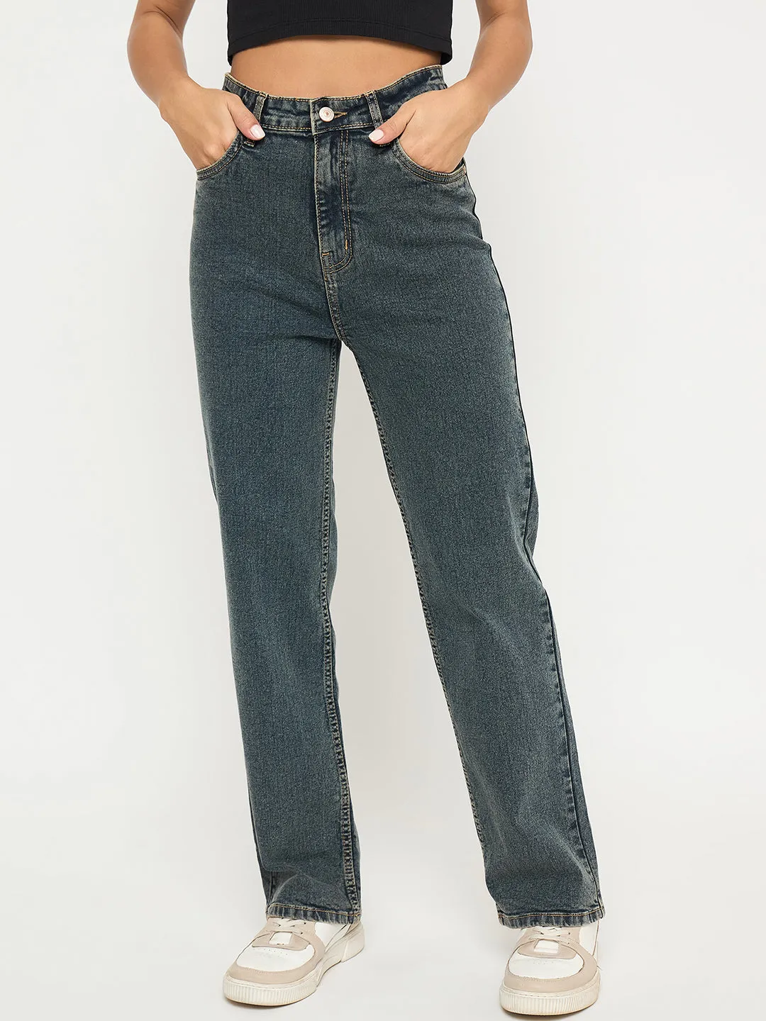 Madame Acid Wash Tinted Yellow Cotton Blend Jeans Classic Office Wear Couple Look Lightweight