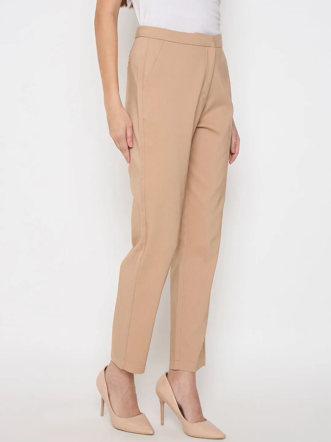 Madame Alex Waist Belt Detail Solid Beige Trousers Soft Lines Lightweight insulation
