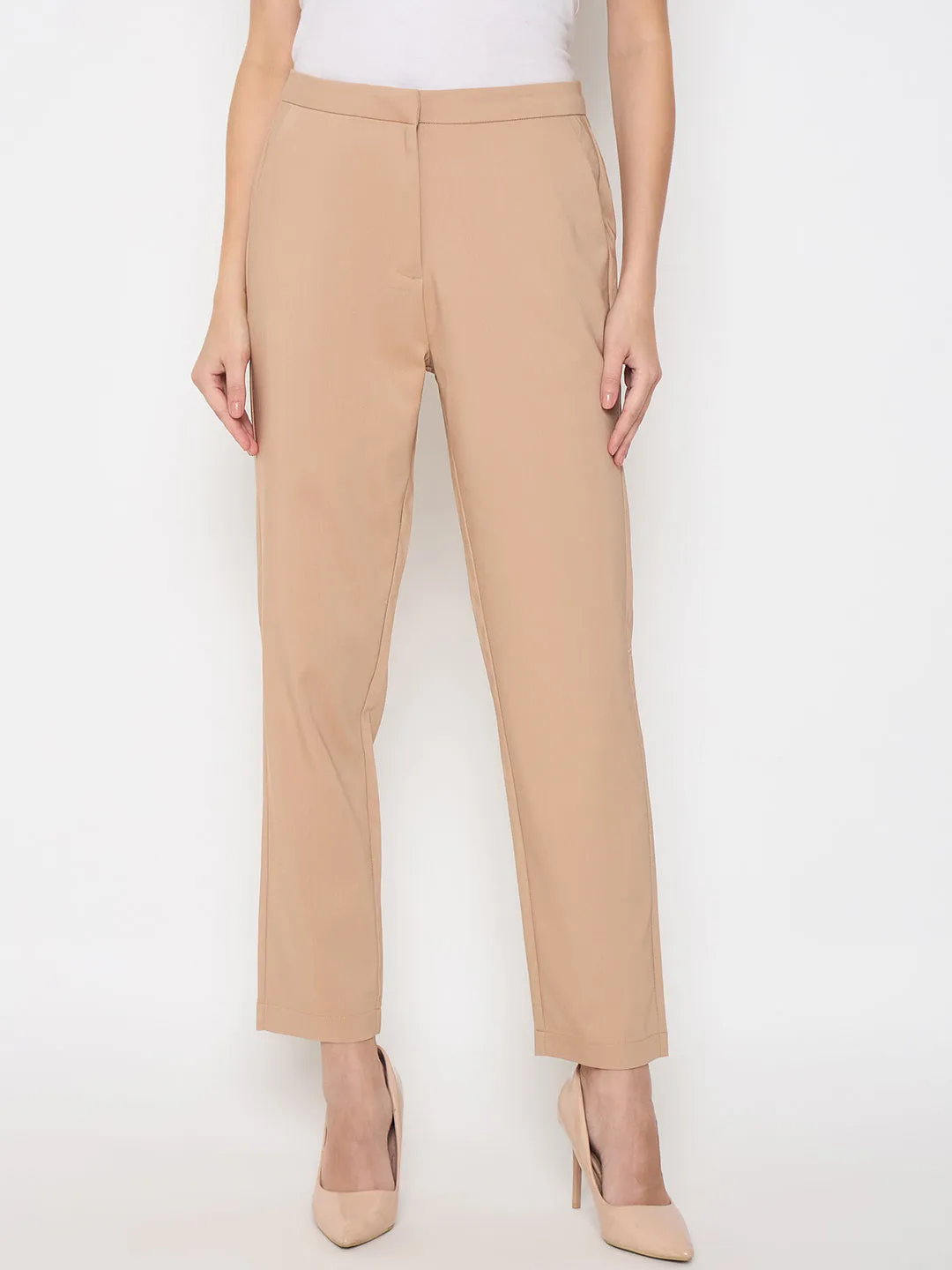 Comfy Vibes Madame Alex Waist Belt Detail Solid Beige Trousers
