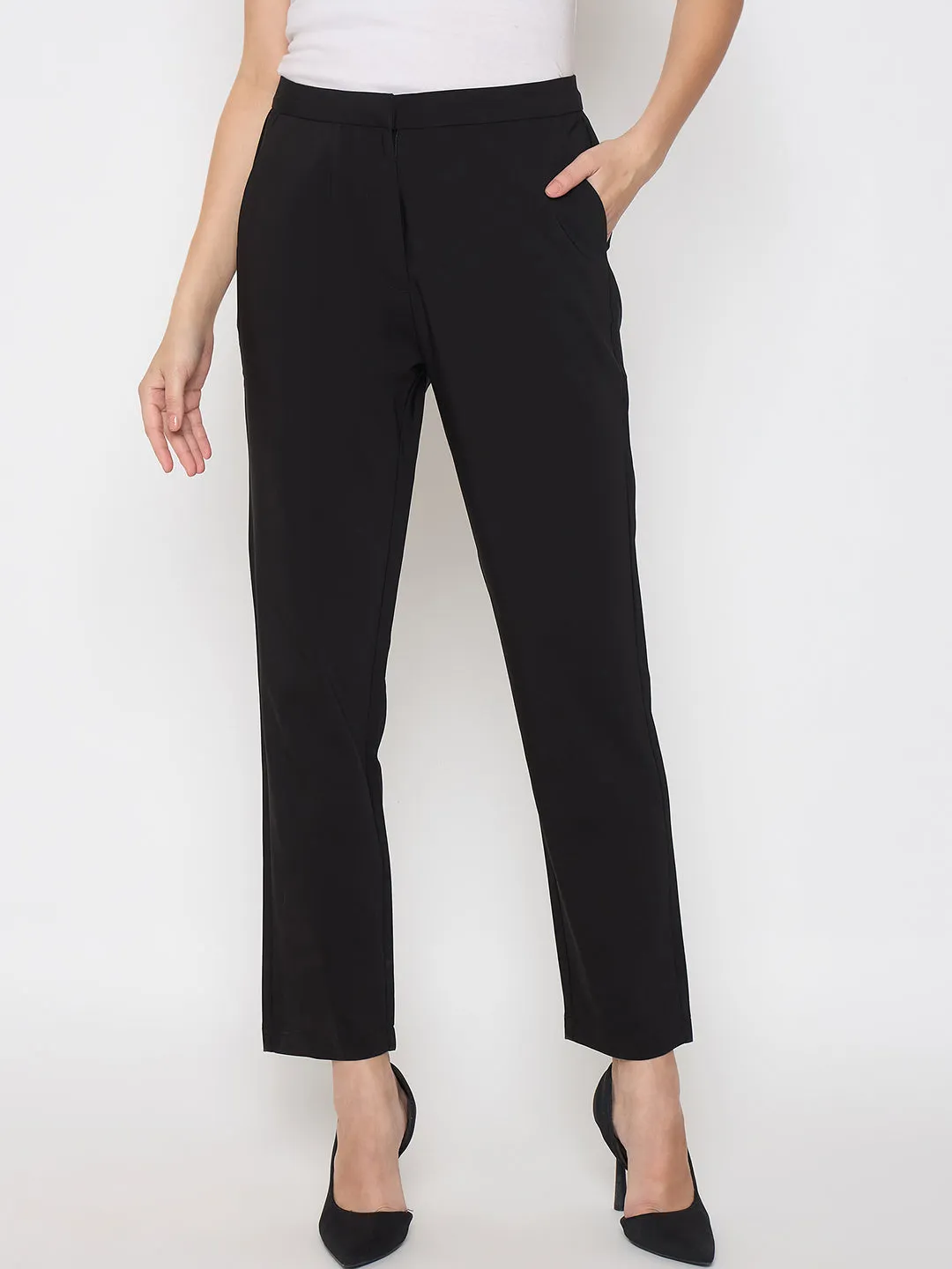 Smooth Texture Ultra Soft Texture Madame Alex Waist Belt Detail Solid Black Trousers