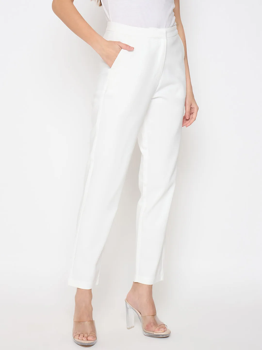 Cozy Waist Madame Alex Waist Belt Detail Solid White Trousers