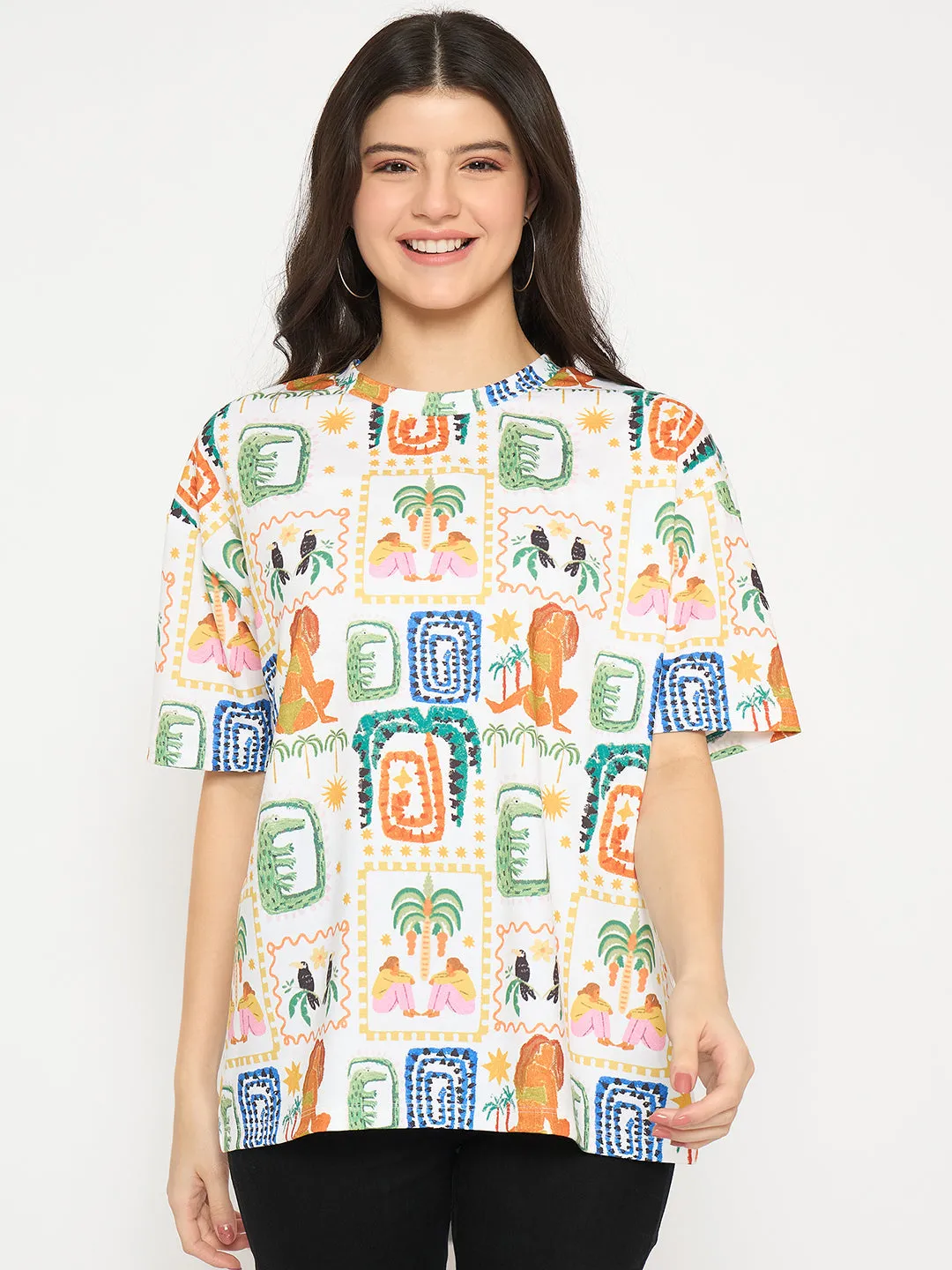 Comfy Pieces Madame All Over Graphic Print White T-shirt