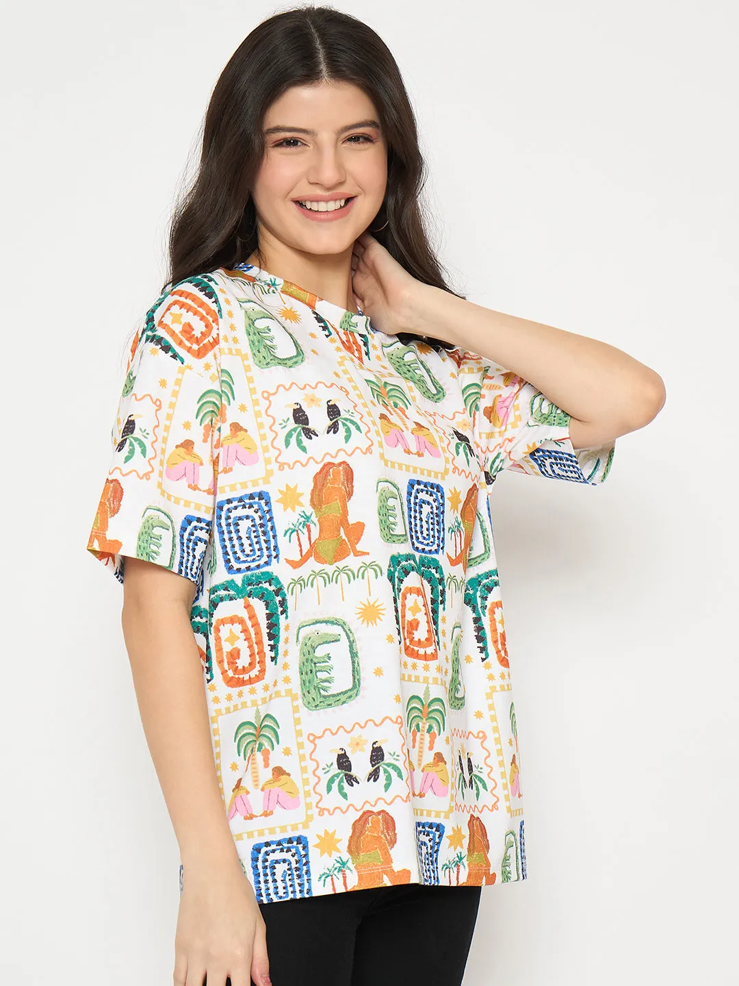 Madame All Over Graphic Print White T-shirt MultiPly Fabric Curved Hem