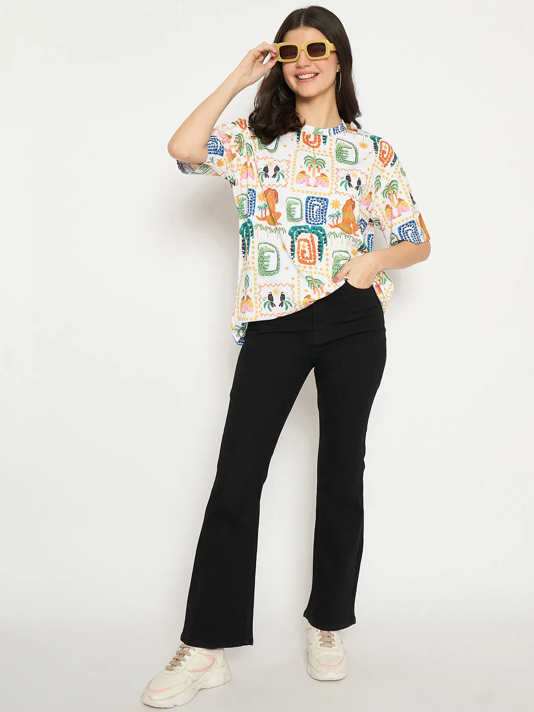 Madame All Over Graphic Print White T-shirt Stylish Comfort Layered Look Wear