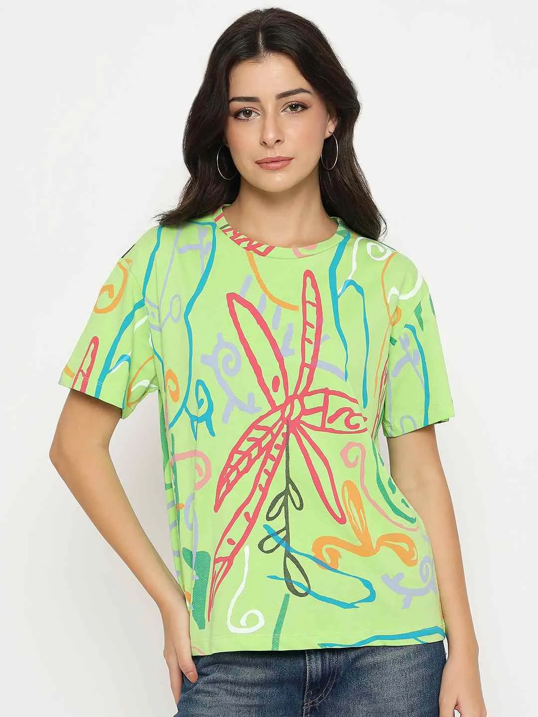 Madame All Over Print Half Sleeve Parrot Green Cotton T-shirt Hiking durability