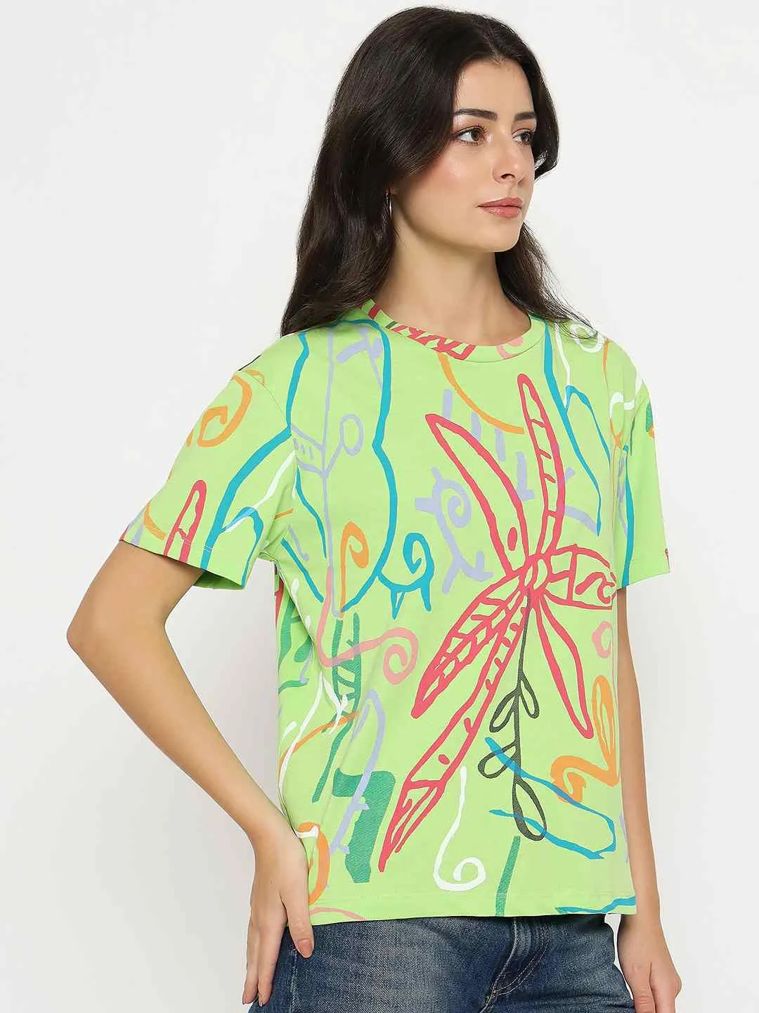 Soft Fabric Madame All Over Print Half Sleeve Parrot Green Cotton T-shirt
