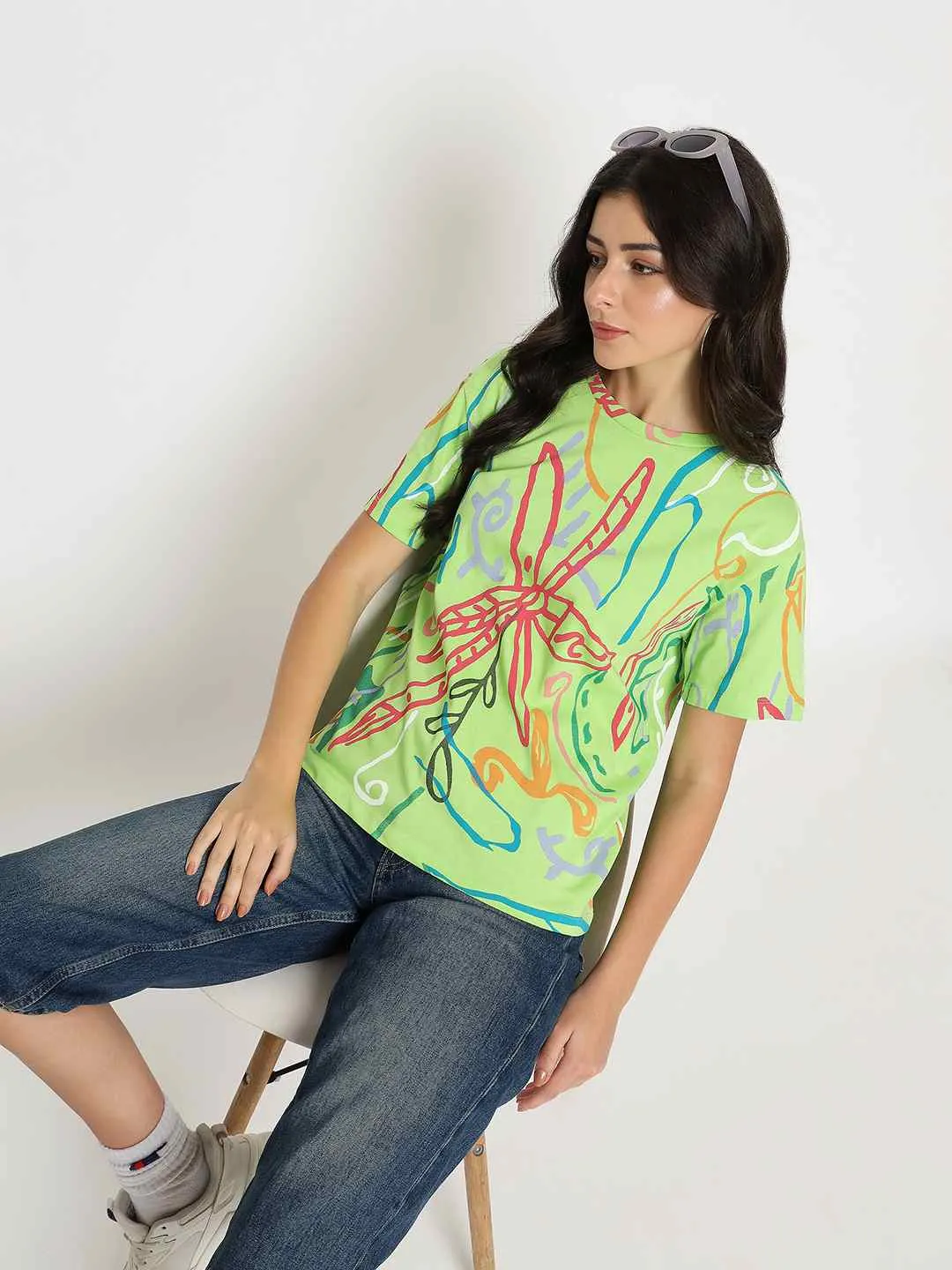 Madame All Over Print Half Sleeve Parrot Green Cotton T-shirt Chic