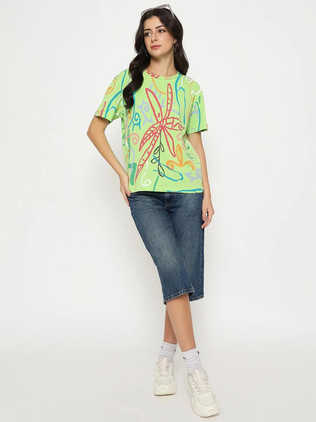 Comfortable Shape Madame All Over Print Half Sleeve Parrot Green Cotton T-shirt
