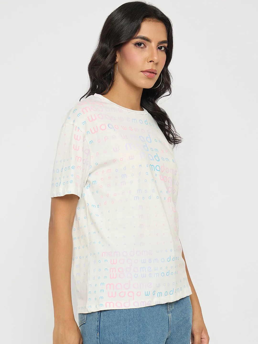 Quick Dry Fit Comfortable Casual Madame All Over Print White Cotton T-shirt