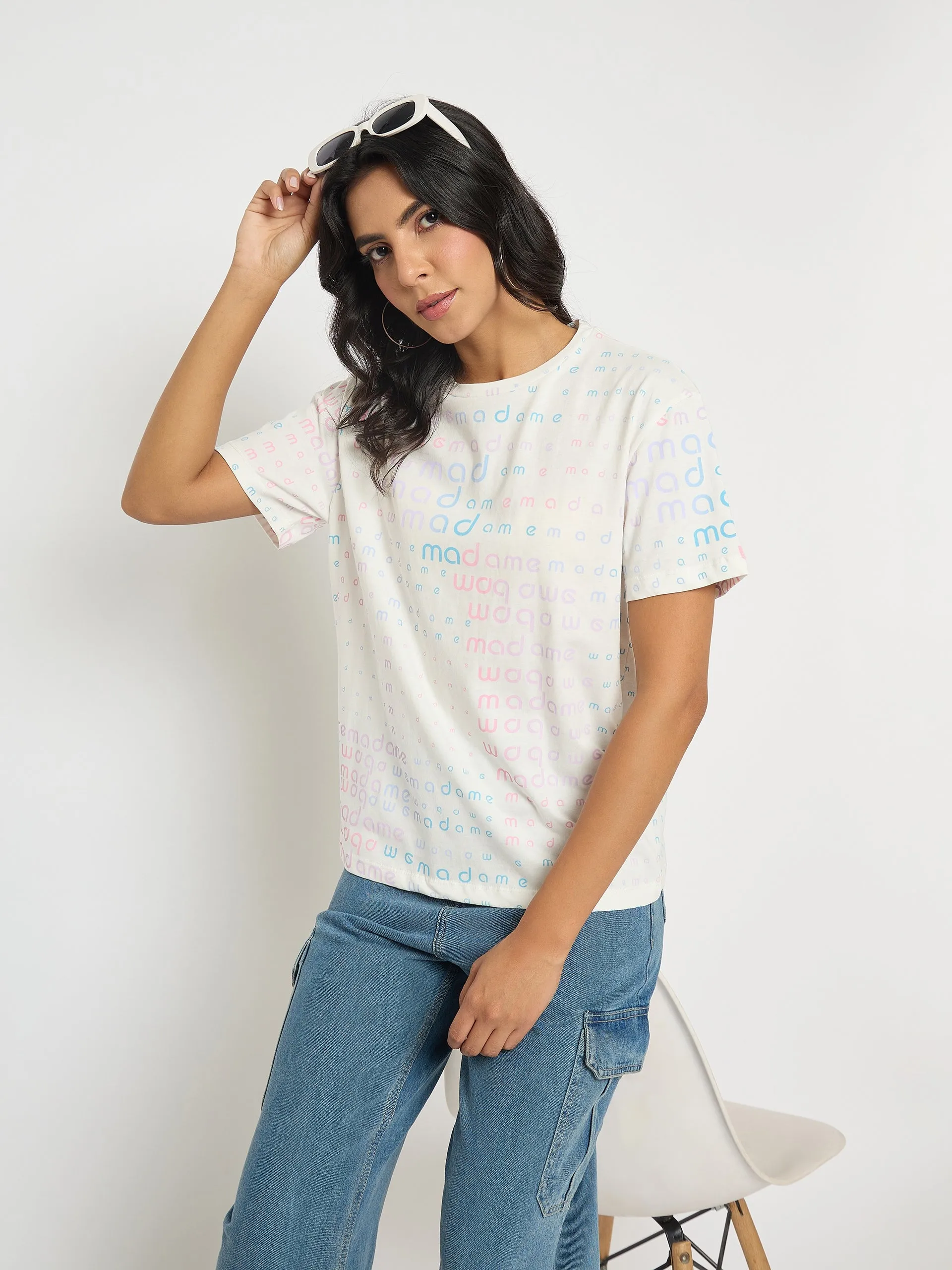 Madame All Over Print White Cotton T-shirt RelaxedFit