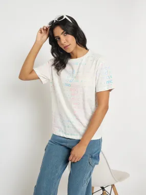 Madame All Over Print White Cotton T-shirt RelaxedFit