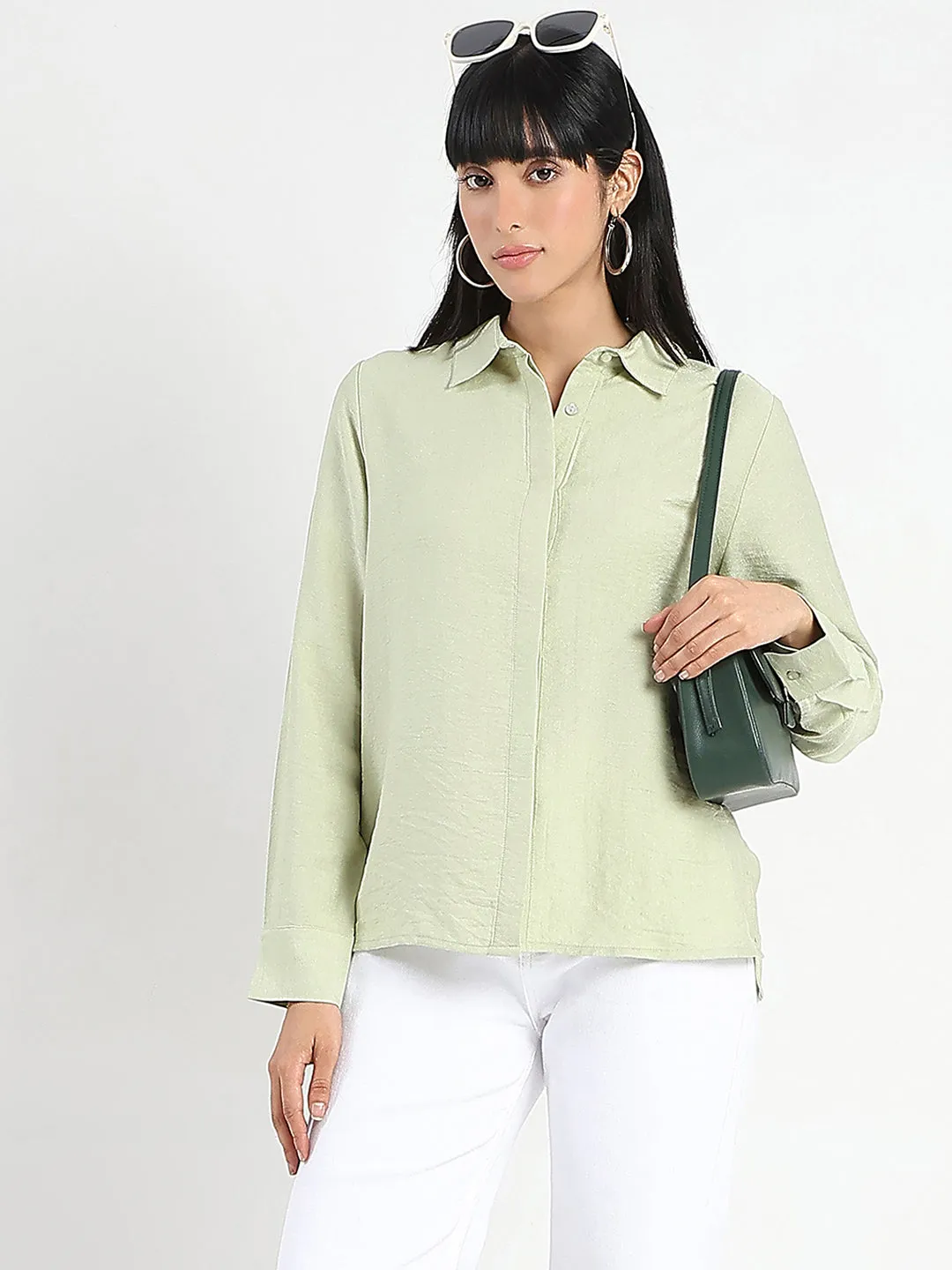 Madame Apple Green Rayon Blend Shirt Sporty Layer Lightweight Layer